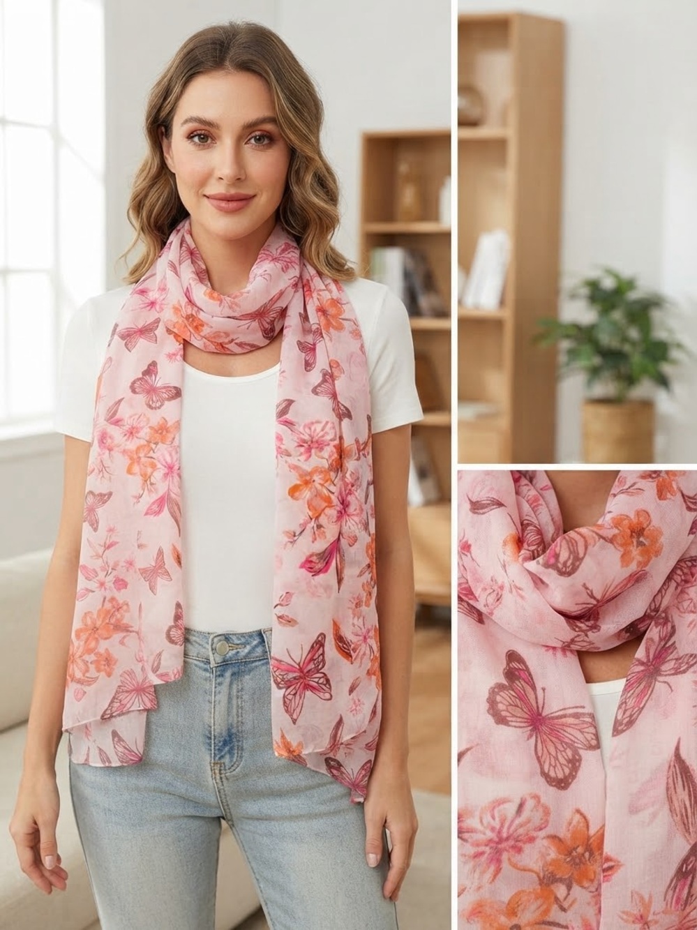 Pink Floral & Butterfly Lightweight Scarf Butterfly Garden Boho Summer Accessory